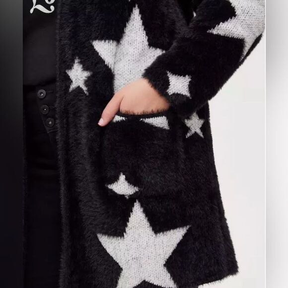 Torrid Hooded fuzzy Star Cardigan Black & White, Pockets, Stretch size 3… - Picture 4 of 16